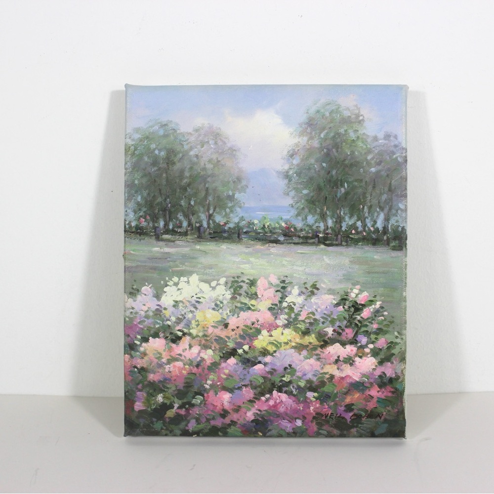 Vintage Oil Painting, Signed, Floral Field Trees Impressionist Small Original